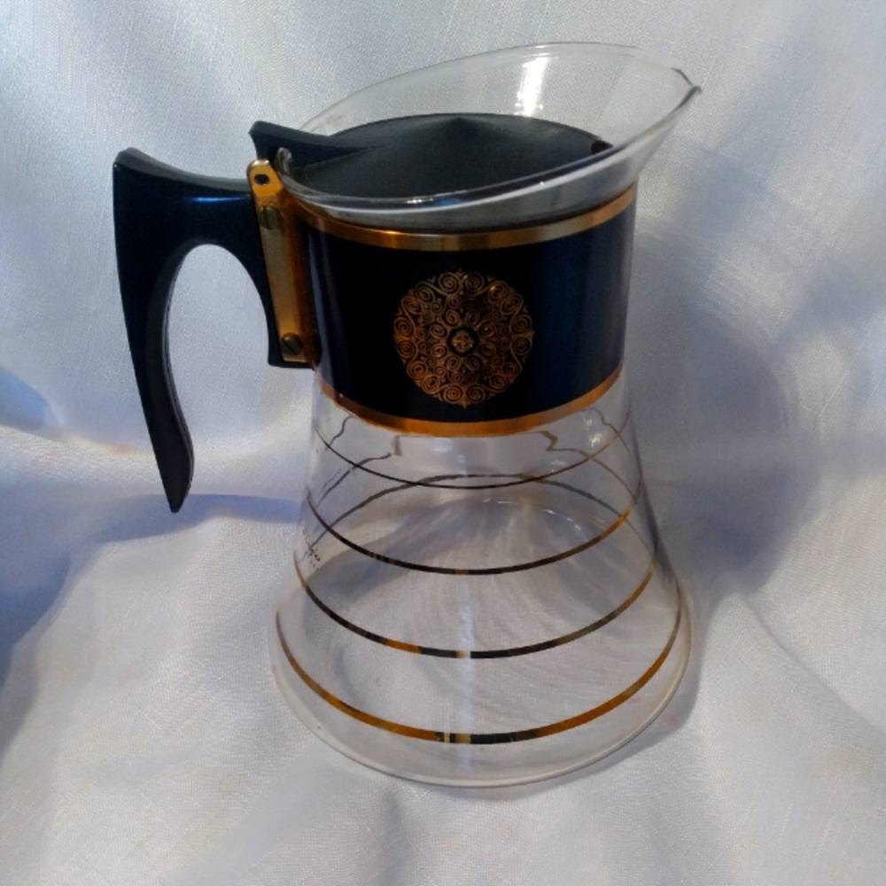 David Douglas Glass Coffee Tea Pot Gold Stripe Medallion